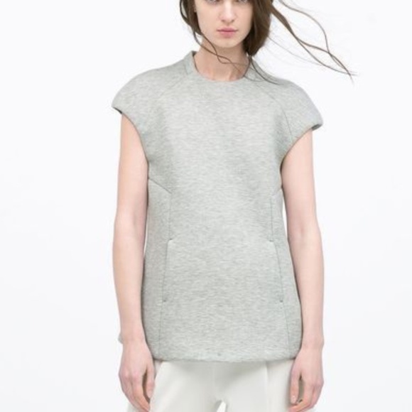 ZARA CAP SLEEVE ZIP BACK MODERN STRUCTURED SCUBA TOP WITH POCKETS - Picture 1 of 8